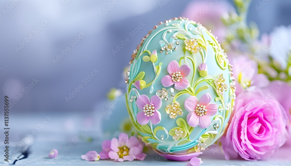 Fototapeta premium Hand-Painted Easter Egg with Intricate Floral Embellishments in Soft Pastel Tones for Premium Holiday Decorations and Elegant Gift Packaging