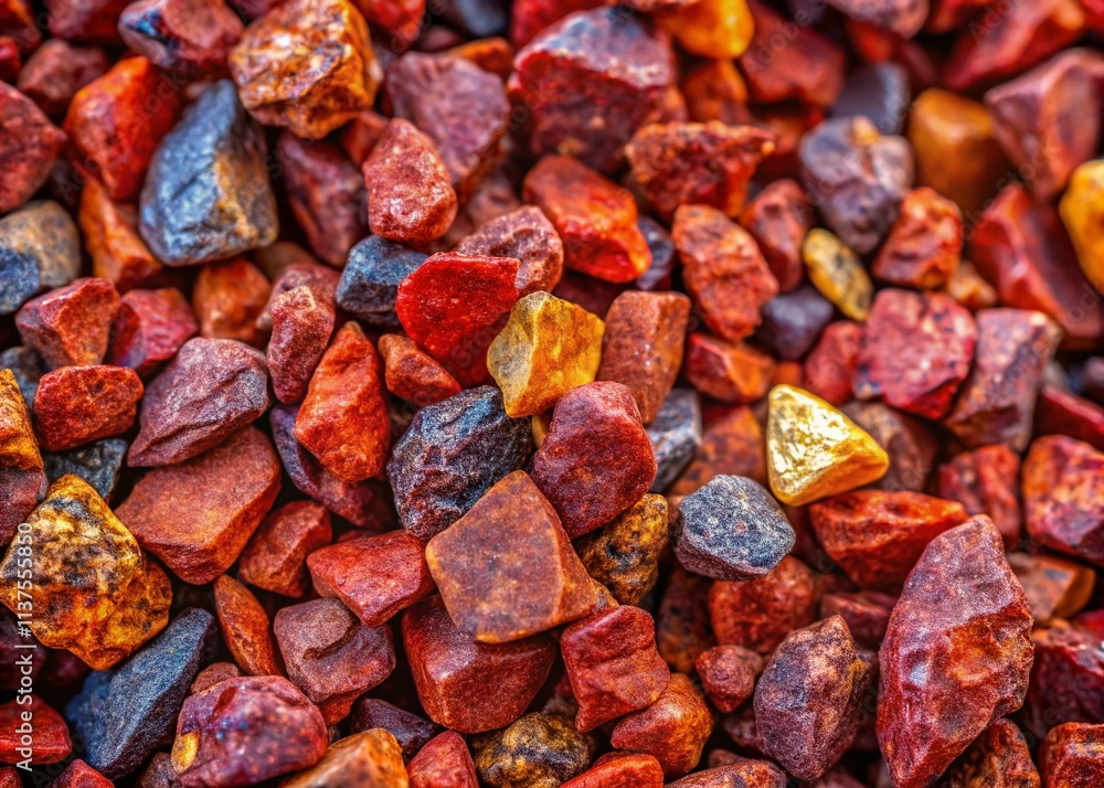 Macro Photography: Red Crushed Stone Texture Background, Colorful Aggregate, Construction Material Closeup Macro Photography: Red Crushed Stone Texture Background, Colorful Aggregate, Construction Material Closeup