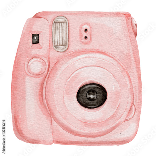 Watercolor illustration of a pink instant camera with soft shading, combining a vintage and playful aesthetic perfect for creative and nostalgic themes.