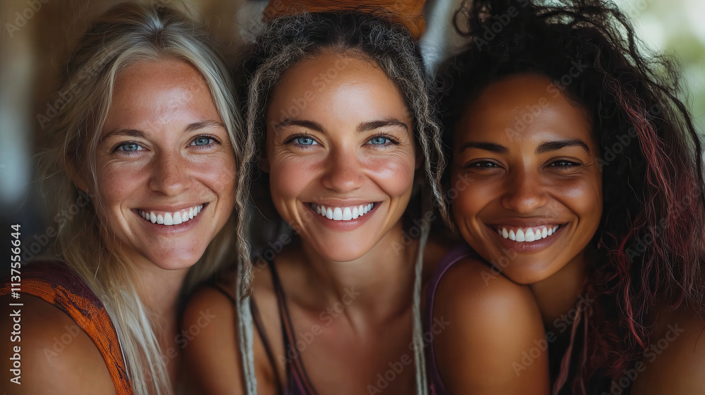 Close up of joyful diverse women with radiant smiles embracing friendship Close up of joyful diverse women with radiant smiles embracing friendship