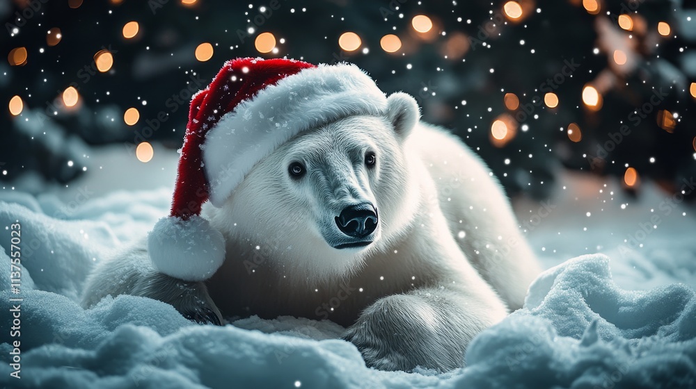 Obraz premium A charming polar bear lies in snow while wearing a red Santa hat, surrounded by glowing Christmas lights. This festive winter scene evokes joy and is perfect for holiday-themed visuals and cheerful