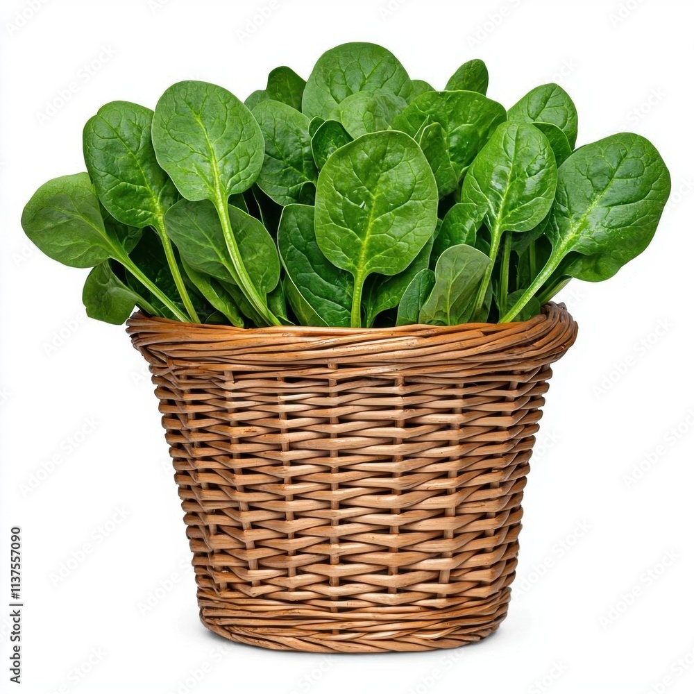 A photostock of a wicker basket filled with fresh green spinach leaves, isolated on a white background, healthy and vibrant, High Quality A photostock of a wicker basket filled with fresh green spinach leaves, isolated on a white background, healthy and vibrant, High Quality