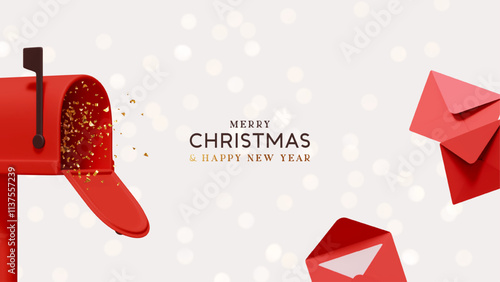 Merry Christmas and New Year festive design with red postal paper letters flying out from open mailbox. New Year's letters to Santa Claus. Light background sparkles bokeh and snow. Vector illustration