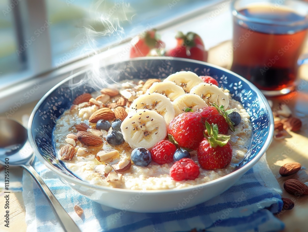 Start your day right healthy breakfast spread of oatmeal with banana and nuts home kitchen food presentation cozy atmosphere wellness focus Start your day right healthy breakfast spread of oatmeal with banana and nuts home kitchen food presentation cozy atmosphere wellness focus