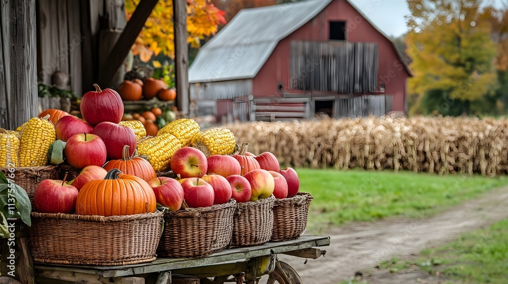A rural harvest scene with baskets of apples, pumpkins, and corn arranged on a wooden cart near a barn. A rural harvest scene with baskets of apples, pumpkins, and corn arranged on a wooden cart near a barn.