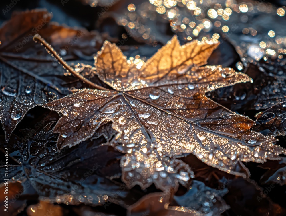 Frost patterns forming on leaves winter mornings macro photography nature close-up intricate details illuminated by soft sunlight