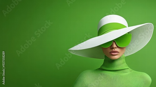 Fashion Model in Green Outfit with Large Hat and Sunglasses