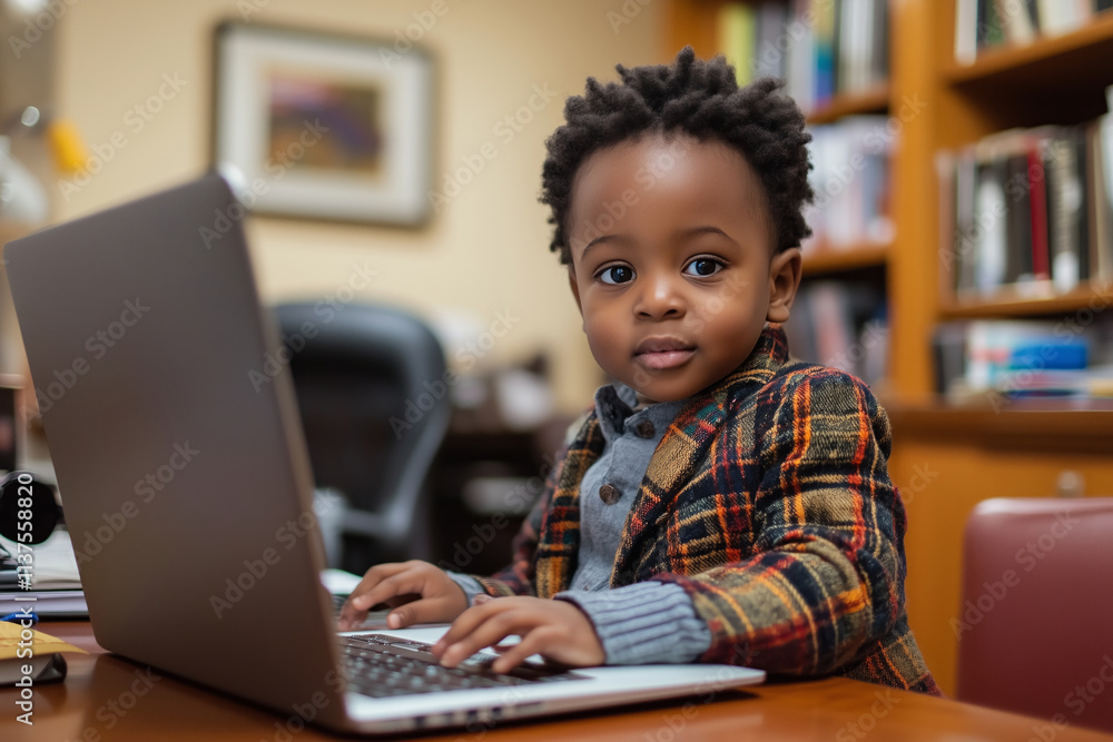 A young child in a plaid coat using a laptop at a desk in an office. A young child in a plaid coat using a laptop at a desk in an office.