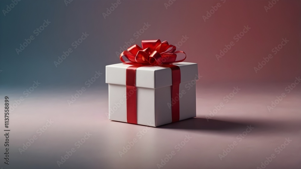 A single gift box with a red ribbon, placed on a luminous gradient background A single gift box with a red ribbon, placed on a luminous gradient background