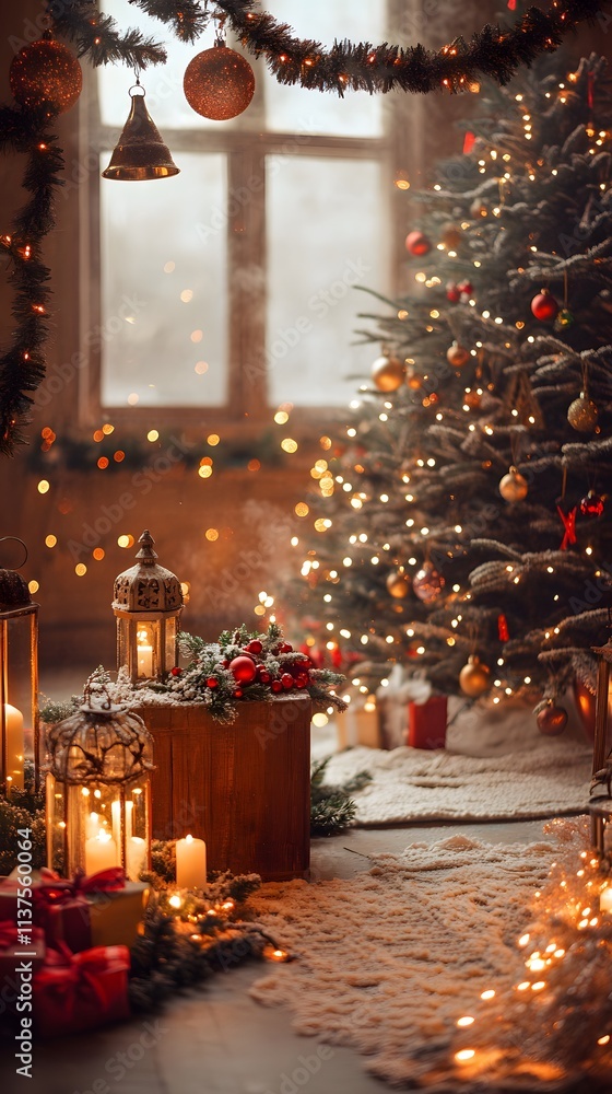 A podium surrounded by sparkling baubles, glowing lanterns, and decorated garlands, with a Christmas tree softly glowing in the background A podium surrounded by sparkling baubles, glowing lanterns, and decorated garlands, with a Christmas tree softly glowing in the background