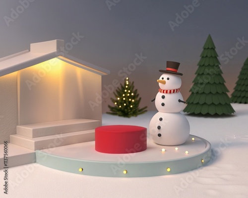Snowman with a gift in the snow-covered garden during the winter holiday season