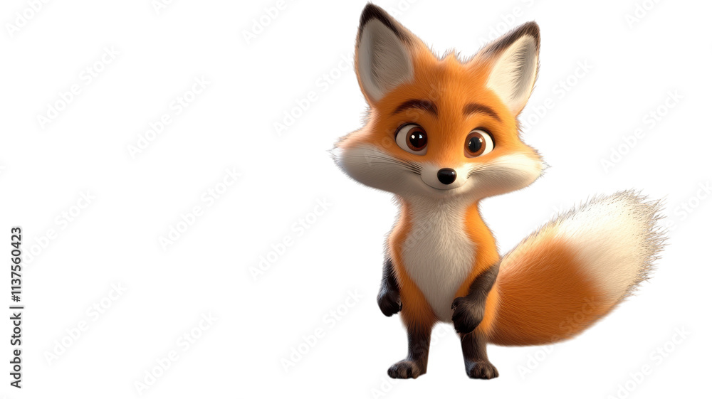 Obraz premium A cheerful cartoon fox character stands with a playful expression against a transparent background, ready for animated adventures.