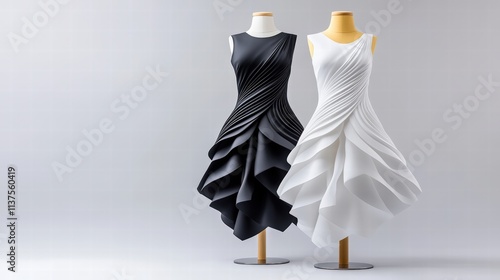 Elegant Black and White Dresses with Unique Pleated Design photo