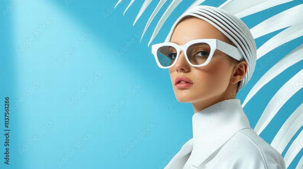 Stylish Model with White Sunglasses Against Blue Background Stylish Model with White Sunglasses Against Blue Background
