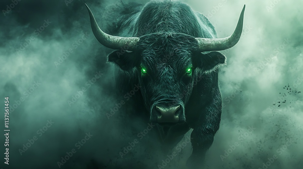 Naklejka premium A bull storming through a heavy, dark fog, its glowing green eyes casting eerie light on the swirling mist, faint echoes of its massive hooves reverberating through the gloom, cinematic realism,
