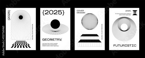 Futuristic retro vector minimalistic Posters with strange wireframes graphic assets of geometrical shapes modern design inspired by brutalism and silhouette basic figure.