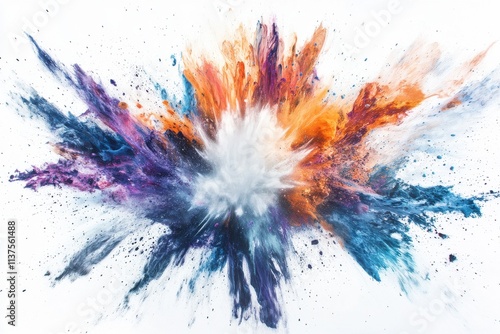 Vibrant explosion of blue, purple, and orange powder on white background, creating an abstract art piece. photo