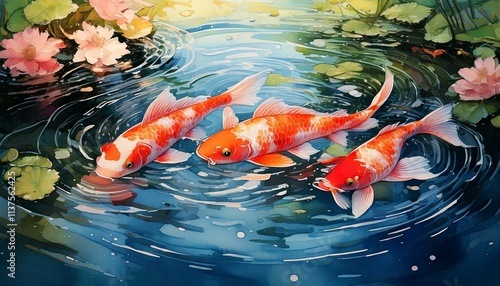 Vibrant watercolor koi fish swimming in a peaceful pond with rippling reflections