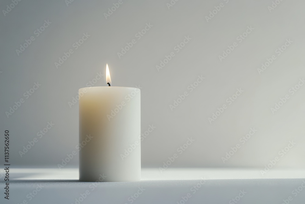A Single White Candle Burning Against a Light Grey Background A Single White Candle Burning Against a Light Grey Background