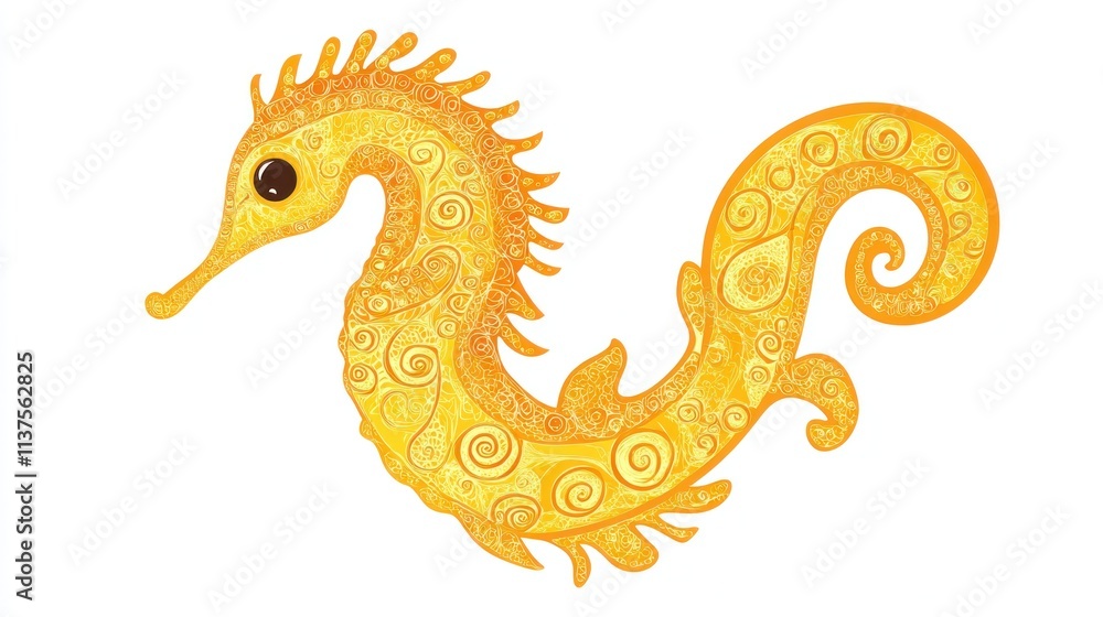 Naklejka premium Decorative yellow seahorse illustration with intricate patterns.