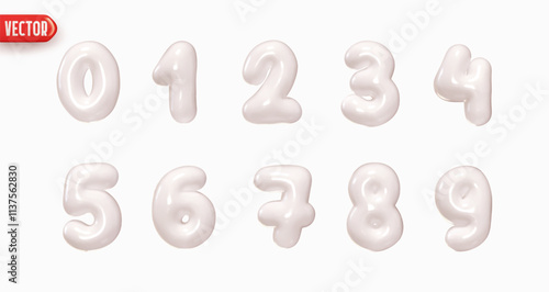 Set of numbers from 0 to 9 in style of Christmas milk cream white in realistic 3d design isolated on white background. Numbers of sweet marmalade candy . Vector illustration