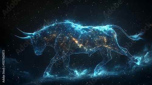 A celestial bull galloping through space, its muscular form composed of swirling stardust and galaxies, stars glowing across its body, the infinite blackness of the cosmos as its backdrop, hd quality,