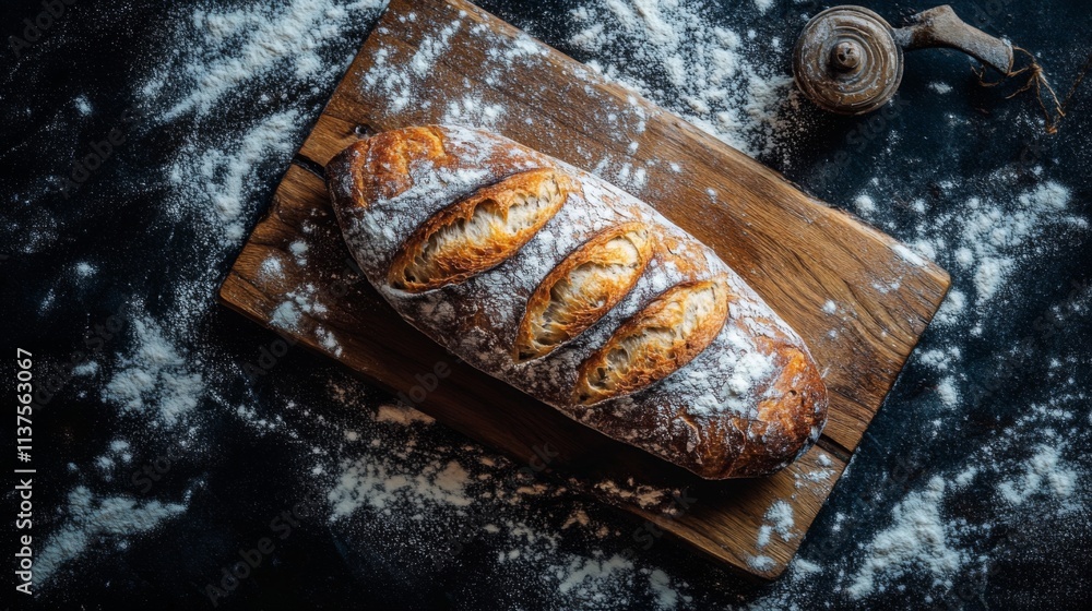 Freshly Baked Artisan Bread on Wooden Board with Flour Dusting Freshly Baked Artisan Bread on Wooden Board with Flour Dusting