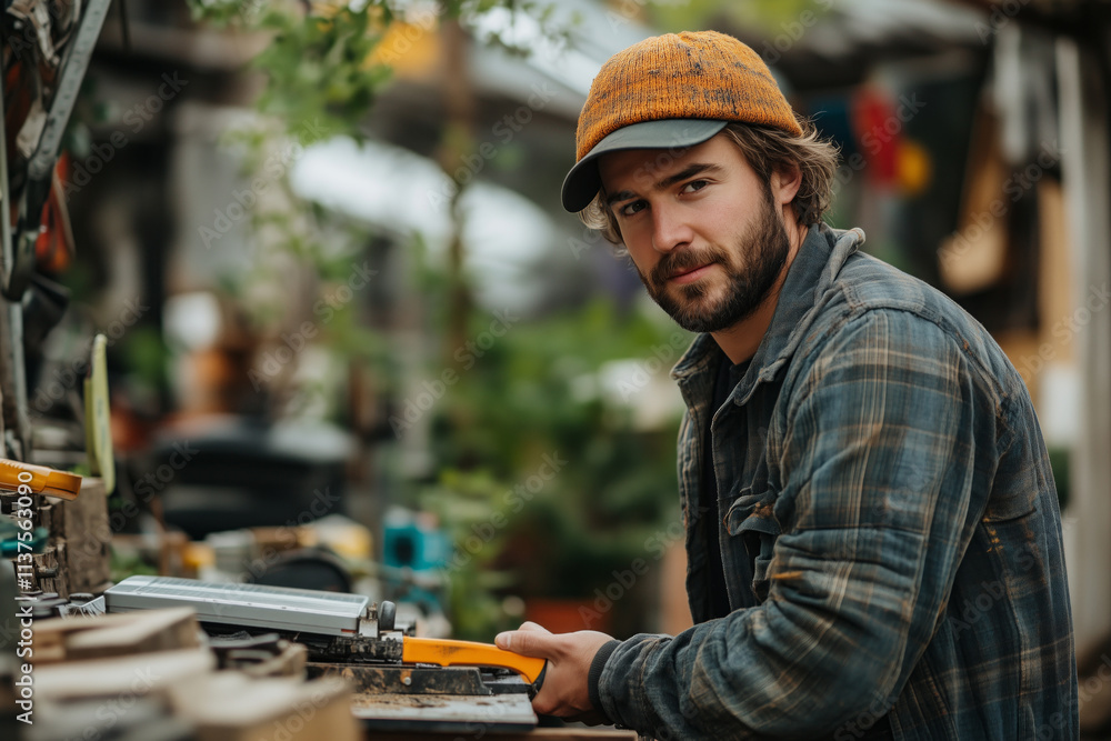 A focused carpenter works in his workshop wearing a plaid shirt and hat. A focused carpenter works in his workshop wearing a plaid shirt and hat.