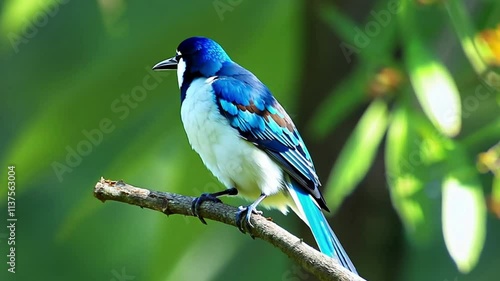 A vibrant blue bird perched on a branch against green foliage, symbolizing wildlife, nature, and the beauty of colorful birds in their natural habitat. photo