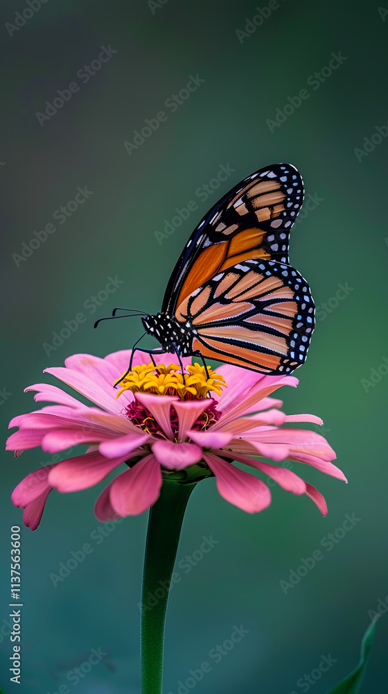 Fototapeta premium A beautiful photo of a colorful butterfly resting against a natural landscape, perfect as a banner background for a cover or social media design.