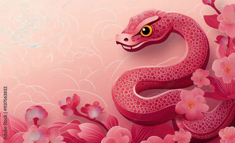 Fototapeta premium Cute Chinese New Year snake banner template with text 2025 and space for your message. Greeting card template for party decoration. Illustration of the Year of the Snake.