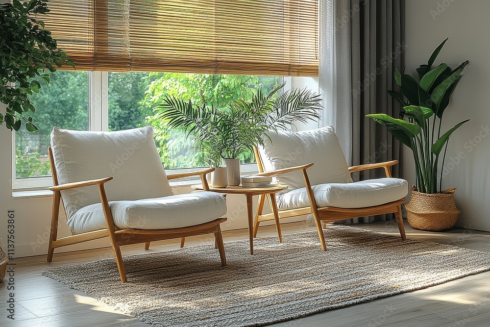Obraz premium Cozy living room with white fabric lounge chairs, wooden legs and armrests, area rug, small coffee table, plants, books, window with blinds, and grey curtains.