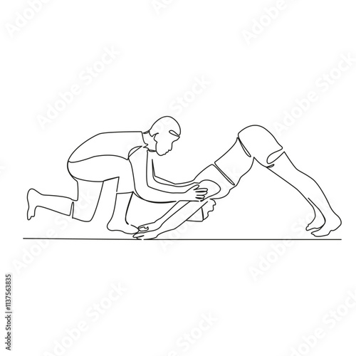 One continuous single drawing line art flat doodle yoga instructor downward dog pose correction, pregnancy, pregnant yoga. Isolated image hand draw contour on a white background, hand drawn, not AI