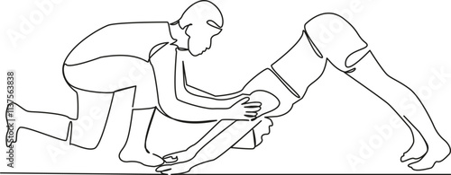 One continuous single drawing line art flat doodle yoga instructor downward dog pose correction, pregnancy, pregnant yoga. Isolated image hand draw contour on a white background, hand drawn, not AI