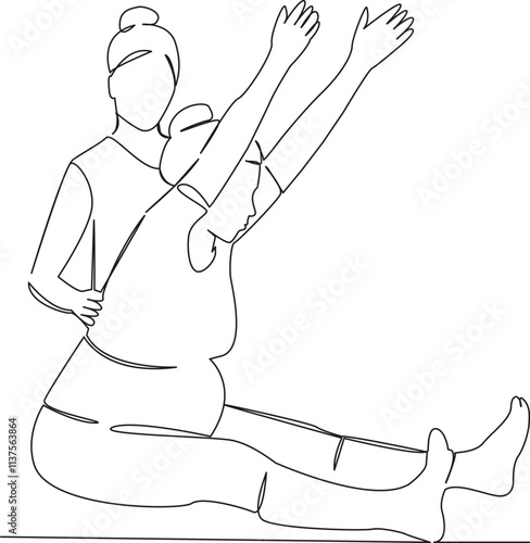 One continuous single drawing line art flat doodle Yoga instructor correcting asana of pregnant women, sport, lifestyle, expecting a child. Isolated image hand draw contour on a white background, hand