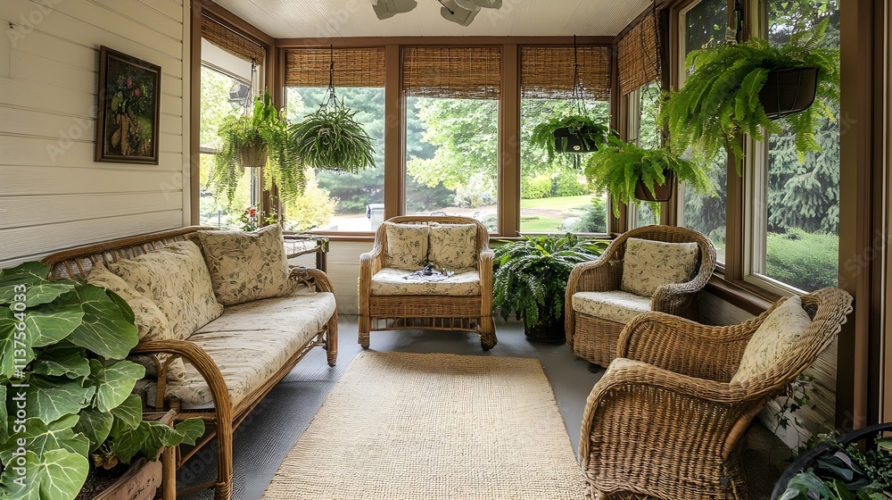 Fototapeta premium A relaxing sunroom with rattan furniture, hanging plants, and a jute area rug.