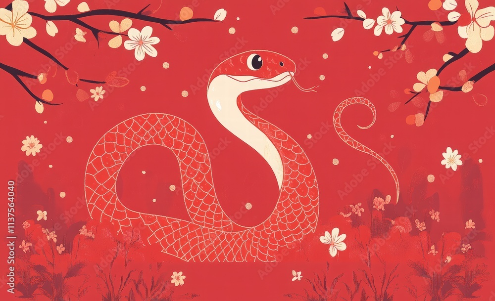 Obraz premium Cute Chinese New Year snake banner template with text 2025 and space for your message. Greeting card template for party decoration. Illustration of the Year of the Snake.