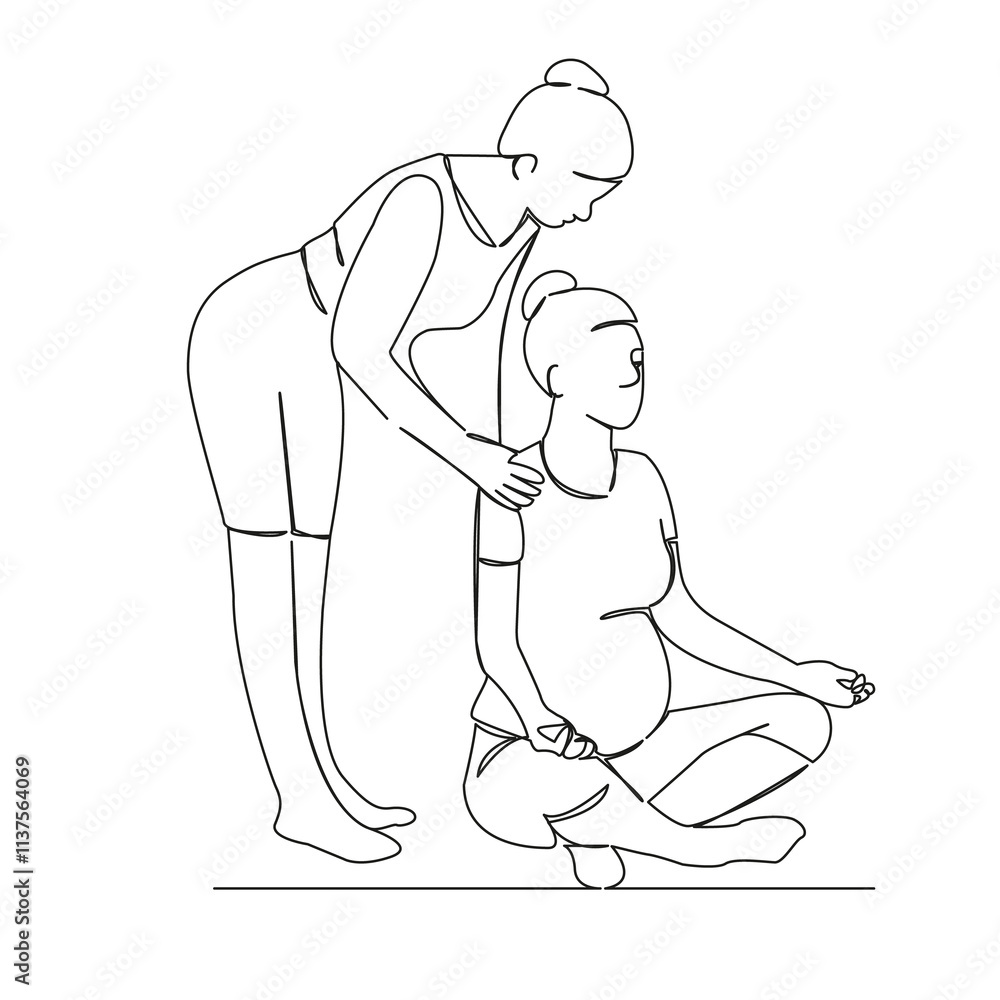 One continuous single drawing line art flat doodle Yoga instructor corrects posture of pregnant woman, practice, relaxation, meditation. Isolated image hand draw contour on a white background, hand dr One continuous single drawing line art flat doodle Yoga instructor corrects posture of pregnant woman, practice, relaxation, meditation. Isolated image hand draw contour on a white background, hand dr