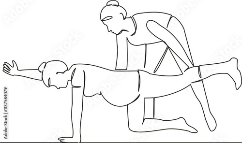 One continuous single drawing line art flat doodle yoga instructor working with pregnant woman, yoga class, child health. Isolated image hand draw contour on a white background, hand drawn, not AI