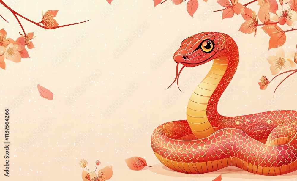 Fototapeta premium Cute Chinese New Year snake banner template with text 2025 and space for your message. Greeting card template for party decoration. Illustration of the Year of the Snake.