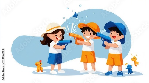 Joyful group of children boys and girls engaged in a playful water gun fight outdoors on a sunny summer day expressing youthful and carefree laughter