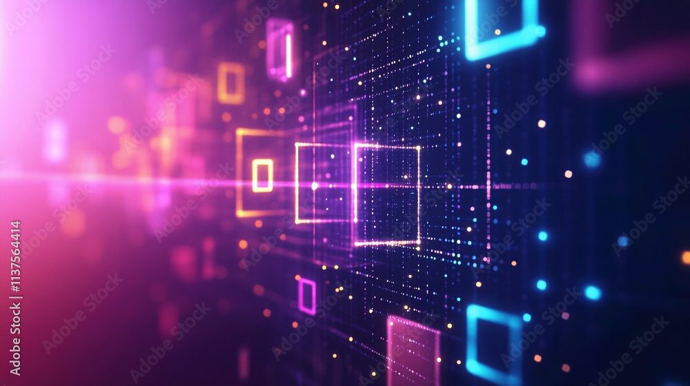 Obraz premium Abstract representation of a data center with glowing lights and network connections. Abstract Digital Space with Glowing Cubes