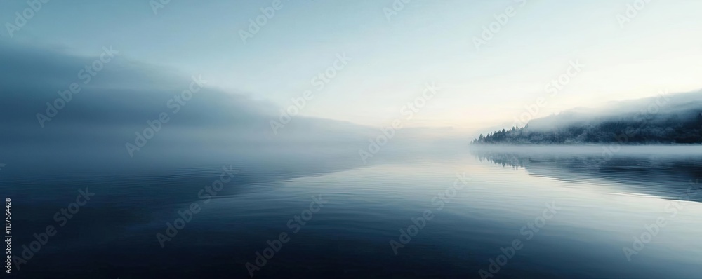 Mysterious fog concept. A tranquil lake during foggy morning, reflecting the calm blue sky and serene atmosphere. Mysterious fog concept. A tranquil lake during foggy morning, reflecting the calm blue sky and serene atmosphere.