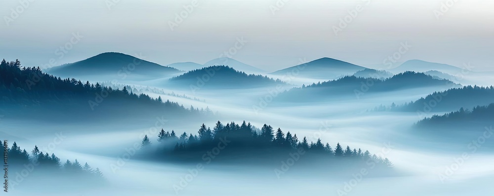 Obraz premium Mysterious fog concept. Serene mist-covered hills create a tranquil and dreamy atmosphere at dawn.