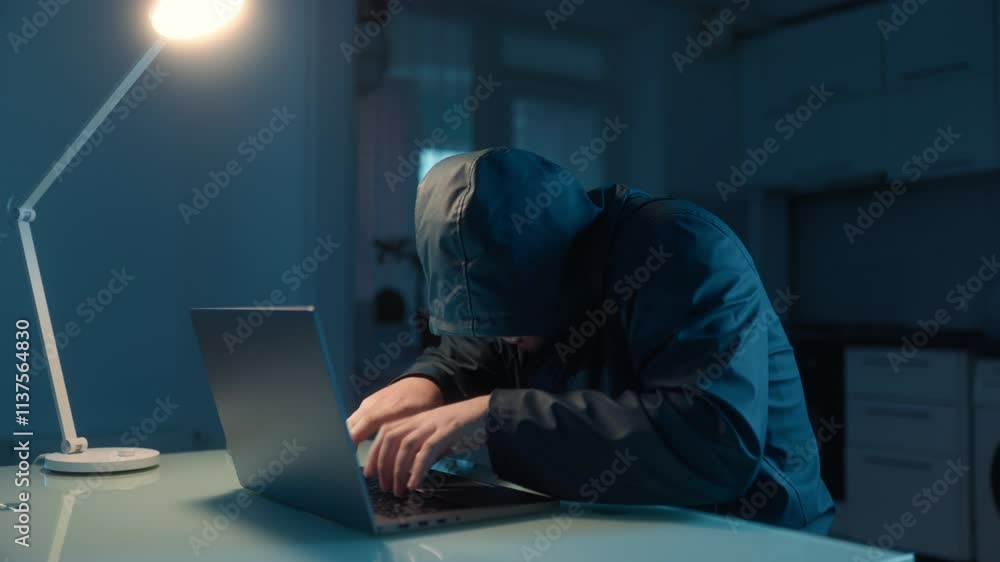 Hacker in a dark room working on a laptop at home, focused on remote fraud. Hacker in a dark room working on a laptop at home, focused on remote fraud.