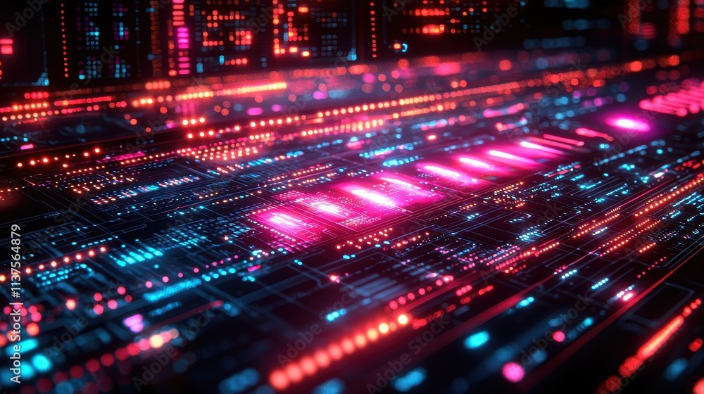 Glowing Circuit Board with Digital Elements Glowing Circuit Board with Digital Elements