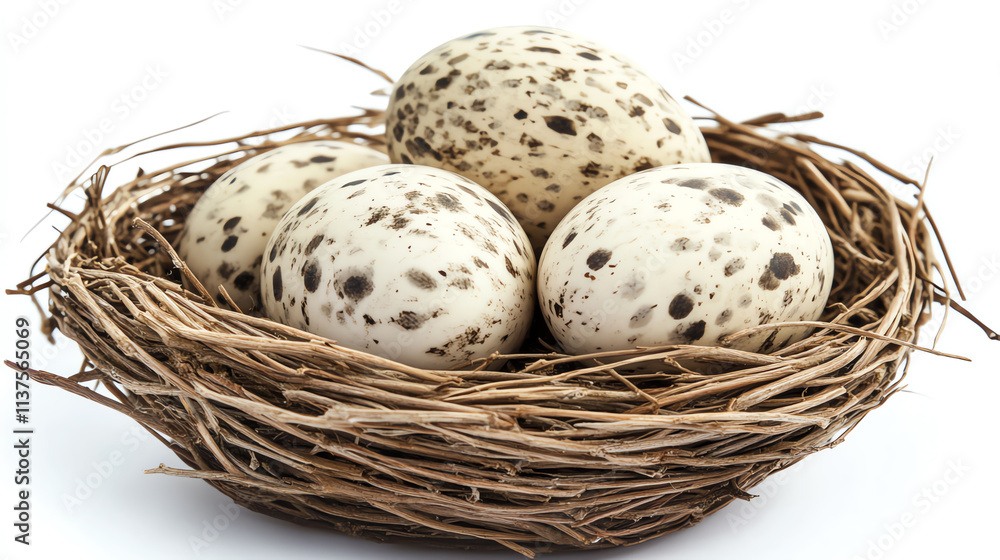 Bird nest with speckled eggs isolated on white background Bird nest with speckled eggs isolated on white background