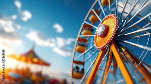 Colorful Ferris Wheel Spinning Against Dramatic Sunset Sky with Fluffy Clouds in Vibrant Amusement Park Capturing the Excitement and Joy of Leisure and Adventure photo