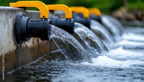Wallpaper Mural Water flows through pipes with yellow handles, showcasing a dynamic scene of fluid motion and infrastructure. Torontodigital.ca