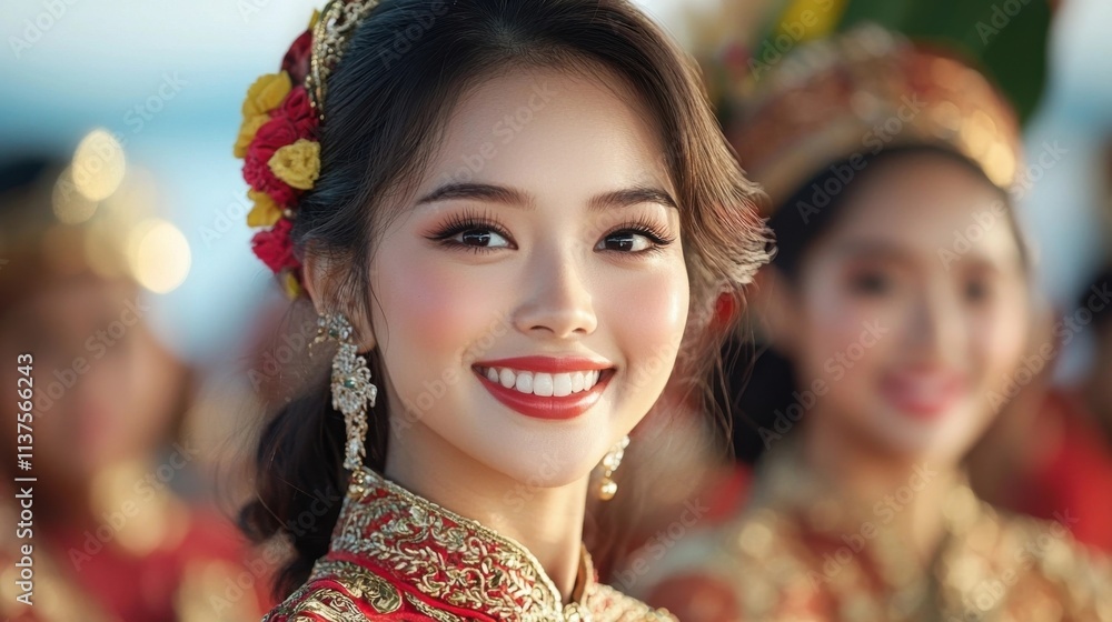 Closeup portrait of a radiant and beautiful young Asian woman wearing traditional festive dress headpiece and accessories smiling with joy and happiness against a natural backdrop Closeup portrait of a radiant and beautiful young Asian woman wearing traditional festive dress headpiece and accessories smiling with joy and happiness against a natural backdrop